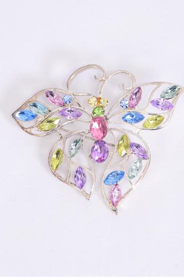 Brooch Butterfly Pastel Color Stones / 12 pcs = Dozen Pastel , Size - 2.25" x 2" Wide , OPP Bag