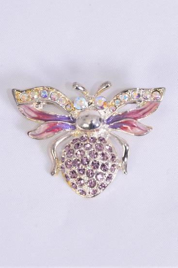 Brooch Bee Enamel Rhinestones Lavender / PC Size-1.75"x 1.25" Wide , OPP Bag