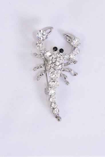 Brooch Scorpion Rhinestones Clear / 12 Pcs = Dozen Clear , Size - 2" x 1" Wide , Display Card & OPP Bag & UPC Code