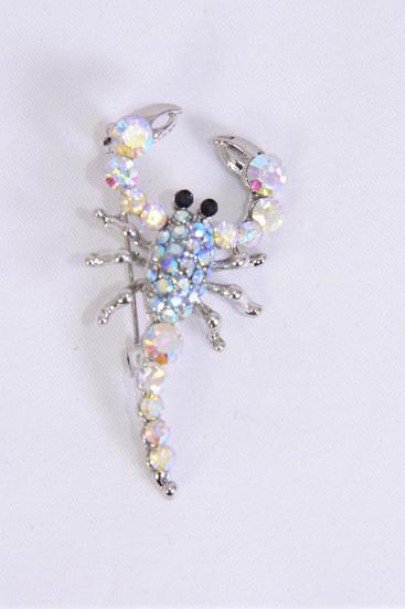 Brooch Scorpion Rhinestones Blue / 12 Pcs = Dozen Blue , Size - 2" x 1" Wide , Display Card & OPP Bag & UPC Code