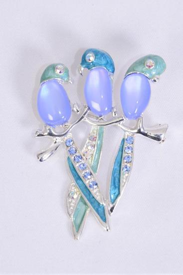 Brooch 3 Birds Parrot Cat eye w Rhinestones Blue / 12 pcs = Dozen Blue , Size - 2.5" x 1.5" Wide , Come W Gift Box