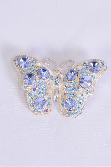 Brooch Butterfly Rhinestones Blue / PC Blue , Size - 2" x 1.5" Wide , Display Card & OPP Bag