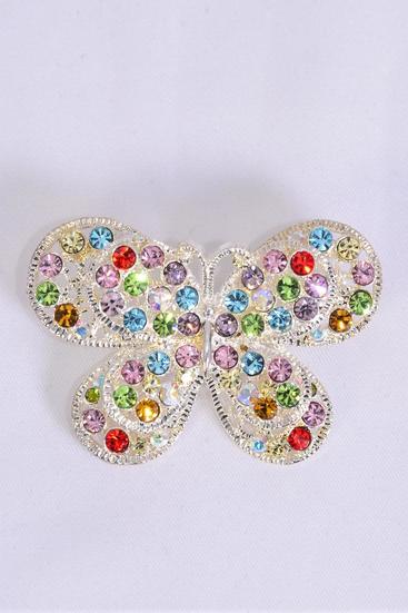 Brooch Butterfly Multi Rhinestones / 12 pcs = Dozen Multi , Size - 2" x 1.25" Wide , OPP Bag