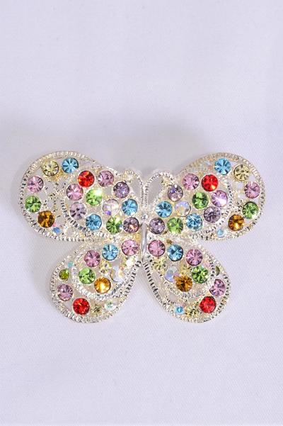 Brooch Butterfly Rhinestones / 12 pcs = Dozen Size - 2" x 1.25" Wide , W OPP Bag , Choose Colors