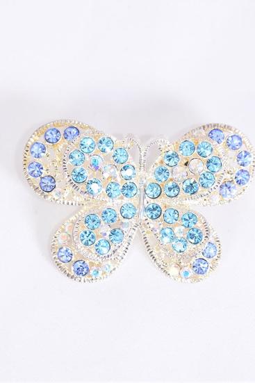 Brooch Butterfly Rhinestones Blue / 12 pcs = Dozen Blue , Size - 2" x 1.25" Wide , W OPP Bag