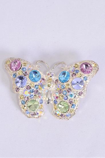 Brooch Butterfly Rhinestones Pastel / PC Pastel , Size - 2" x 1.5" Wide , Display Card & OPP Bag