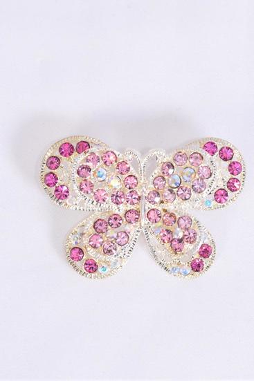 Brooch Butterfly Pink Rhinestones / 12 pcs = Dozen Pink , Size - 2" x 1.25" Wide , OPP Bag