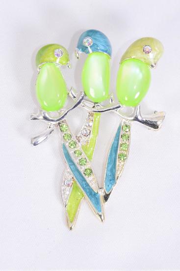 Brooch 3 Birds Parrot Cateye & Rhinestones Lime / PC Size - 2.5" x 1.5" Wide , Come W Gift Box & UPC Code