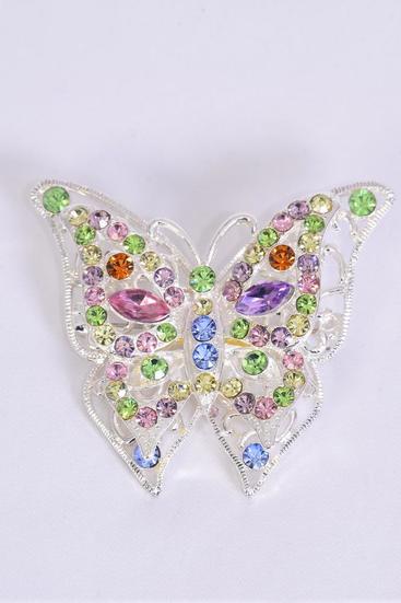 Brooch Butterfly Large Rhinestones Pastel / 12 pcs = Dozen Pastel , Size - 2" x 2" Wide , Display Card & OPP Bag