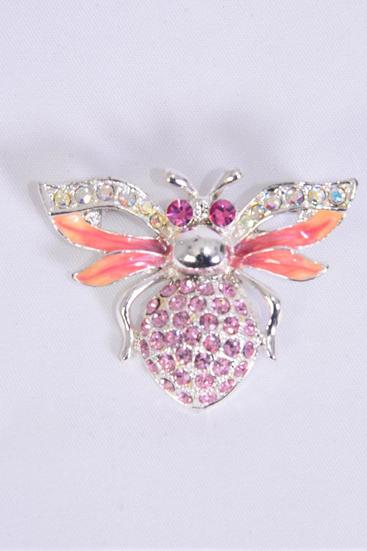 Brooch Bee Enamel Rhinestones Pink / PC Size-1.75"x 1.25" Wide , OPP Bag