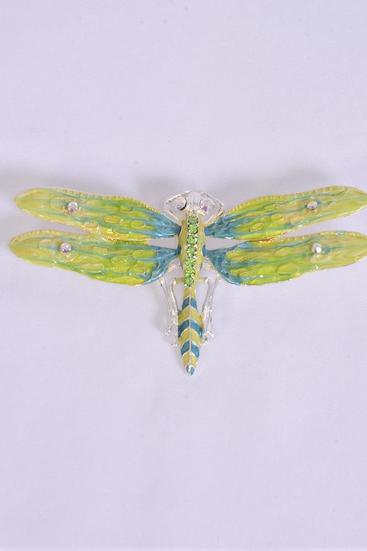 Brooch Enamal Dragonfly Rhinestones Lavender / 12 pcs = Dozen Lime , Size - 3.5'' x 2'' Wide , Gift Box & UPC Code