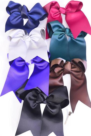 Hair Bow Extra Jumbo Long Tail Cheer Type Bow Dark Multi Alligator Clip Grosgrain Bow-tie / 12 pcs Bow = Dozen  Alligator Clip , Size - 6.5" x 6" Wide , 2 Black , 2 Brown , 2 Navy , 2 Wine , 2 Hunter Green , 1 Purple , 1 Gray Mix , Clip Strip & UPC Code