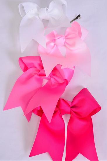 Hair Bow Extra Jumbo Long Tail Cheer Type Bow Pink Mix Grosgrain Bow-tie / 12 pcs Bow = Dozen Pink Mix , Alligator Clip , Size - 6.5" x 6" Wide , 3 White , 3 Pearl Pink , 3 Hot Pink , 3 Fuchsia Color Asst , Clip Strip and UPC Code