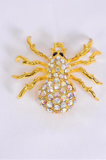 Brooch Spider Iridescent Rhinestones / 12 PCS = Dozen Spider , Size - 1.75" x 1.5" Wide , Display Card & OPP Bag & UPC Code