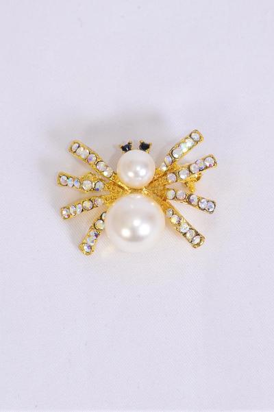 Brooch Spider Pearl Rhinestones / 12 PCS = Dozen Size - 1.25" x 1" Wide , Display Card & OPP Bag & UPC Code , Choose Colors