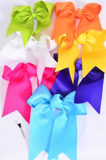 Hair Bow Extra Jumbo Long Tail Citrus Alligator Clip Grosgrain Bowtie / 12 pcs Bow = Dozen Alligator Clip , Size - 6.5" x 6" Wide , 2 White , 2 Fuchsia , 2 Purple , 2 Yellow , 2 Blue , 1 Lime , 1 Orange Color Asst , Clip Strip and UPC Code