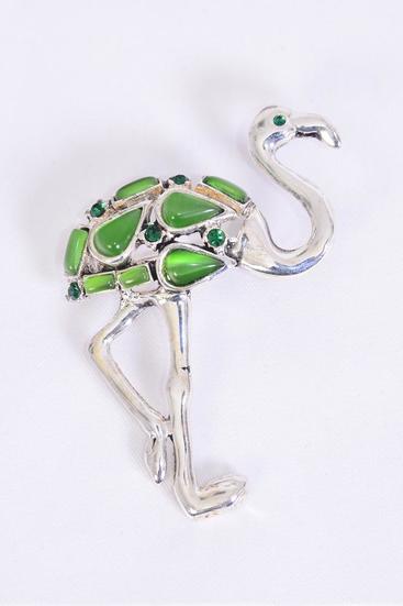 Brooch Flamingo Cateye Green / PC Green , Size - 2.5" x 2" Wide , Display Card & OPP Bag  & UPC Code