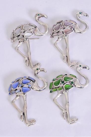 Brooch Flamingo Cat eye ASST /  12 pcs = Dozen Asst , Size - 2.5" x 2" Wide , 3 White , 3 Blue , 3 Lavender , 3 Green Color ASst , Display Card & OPP Bag & UPC Code