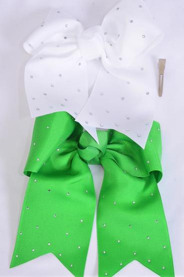 Hair Bow Extra Jumbo Long Tail Cheer Type Bow Green White Mix Clear Stone Studded Grosgrain Bow-tie/ 12 pcs Bow = Dozen Alligator Clip , Size - 6.5" x 6" Wide , 6 Green , 6 White Mix , Clip Strip & UPC Code