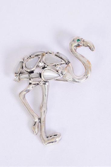 Brooch Flamingo Cateye White / PC White , Size - 2.5" x 2" Wide , Display Card & OPP Bag &UPC Code