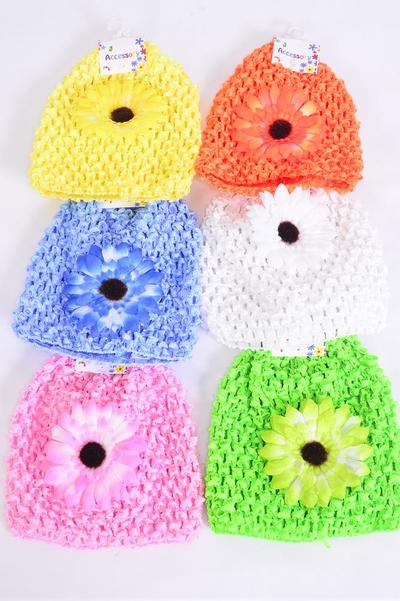 Kufi Hat Knitted Beanie Stretch 2 tone Daisy flower Multi / 12 pcs = Dozen Stretch , Flower Size - 3.25" Wide , 2 Pink , 2 Beige , 2 Yellow , 2 Blue , 2 Apple Green , 2 Orange Mix , Hang tag & UPC Code , Clear Box