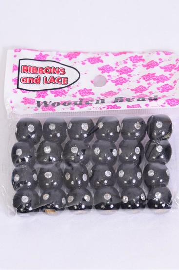 Wooden Beads 288 pcs 12 mm Wide Clear Stones Black / 12 Bag = Dozen Black , Size-12 mm Wide , UPC Code , 24 pcs per Bag , 12 Bag = Dozen