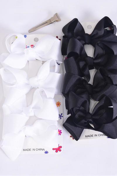 Hair Bows 48 pcs Grosgrain Bow-tie Black & White Mix / 12 card = Dozen Alligator Clip , Bow Size - 3" x 2" Wide , 6 of each Color Asst , 4 pcs per card , 12 card = Dozen