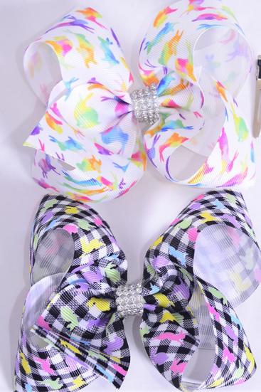 Hair Bow Jumbo Plaid Bunny Mix Grosgrain Bow-tie / 12 pcs Bow = Dozen  Alligator Clip , Size - 6" x 5" Wide , 6 Of each Pattern Asst , Clip Strip and UPC Code