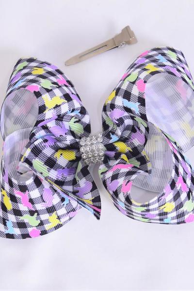 Hair Bow Jumbo Plaid Bunny Grosgrain Bow-tie / 12 pcs Bow = Dozen  Alligator Clip , Size - 6"x 5" Wide , Clip Strip & UPC Code