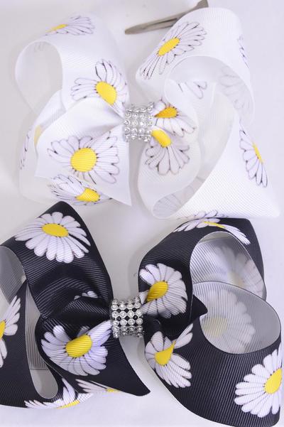 Hair Bow Jumbo Flower Daisy Black White Mix Grosgrain Bow-tie /  12 pcs Bow = Dozen Alligator Clip , Size - 6" x 5" Wide , 6 Black , 6 White Color Asst , Clip Strip and UPC Code