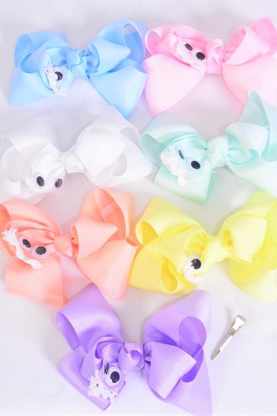 Hair Bow Jumbo Cute Seal W Googly Eyes Pastel Grosgrain Bow-tie / 12 pcs Bow = Dozen Pastel , Alligator Clip , Size - 6" x 5", 2 White , 2 Pink , 2 Lavender , 2 Blue , 2 Yellow , 1 Peach , 1 Mint Color Asst , Clip Strip and UPC Code