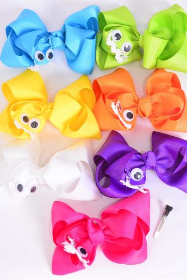 Hair Bow Jumbo Cute Seal W Googly Eyes Citrus Grosgrain Bow-tie / 12 pcs Bow = Dozen Alligator Clip , Size - 6" x 5" Wide ,  2 Fuchsia , 2 Blue , 2 Yellow , 2 Purple , 2 White , 1 Lime , 1 Orange Color Asst , Clip Strip and UPC Code