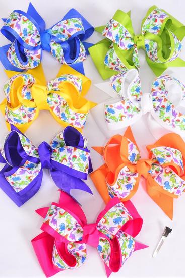 Hair Bow Jumbo Dinosaur Double Layered Grosgrain Bow-tie / 12 pcs Bow = Dozen Alligator Clip , Size - 6" x 5" Wide , 2 White , 2 Fuchsia , 2 Purple , 2 Yellow , 2 Blue , 1 Lime , 1 Orange Color Asst , Clip Strip & UPC Code