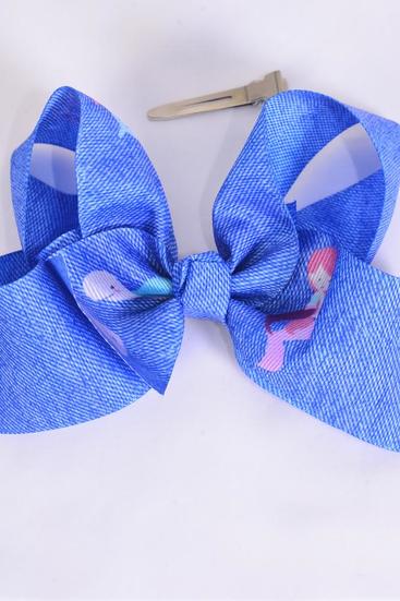 Hair Bow Jumbo Denim Print Under the Sea Mermaid turtle Jelly Fish Coral Reef etc Grosgrain Bow-tie /  12 pcs Bow = Dozen Alligator Clip , Size - 6" x 5" Wide , Clip Strip & UPC Code