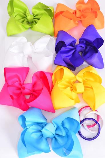 Hair Bow Extra Jumbo Cheer Type Bow Citrus Elastic Pony Grosgrain Bow-tie / 12 pcs Bow = Dozen Elstic Pony , Size - 8" x 7", 2 Fuchsia , 2 Turquoise , 2 Yellow , 2 Purple , 2 White , 1 Lime , 1 Orange Color Mix , Clip Strip & UPC Code