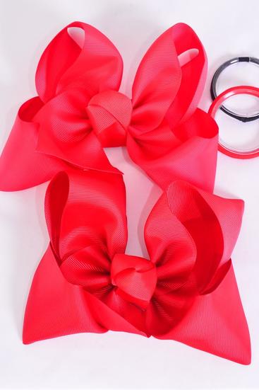 Hair Bow Extra Jumbo Cheer Type Bow Red mix Elastic Pony Grosgrain Bow-tie / 12 pcs Bow = Dozen Elastic Pony , Size - 8" x 7" Wide , 6 Red , 6 Poppy Red Asst , Clip Strip & UPC Code