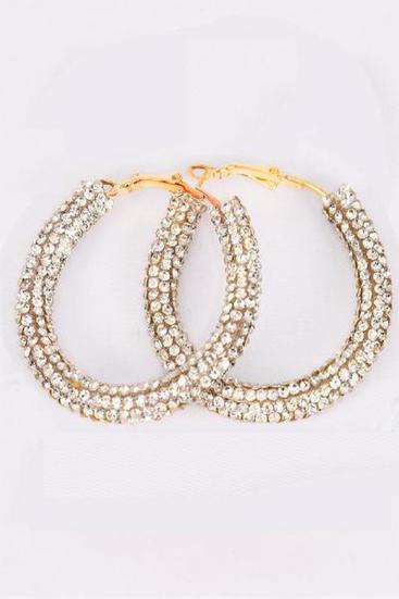 Earrings Hoop Iridescent Gold Clear Stone / 12 pair = Dozen Post , Size - 1.75" Wide , Earring Card & OPP Bag & UPC Code