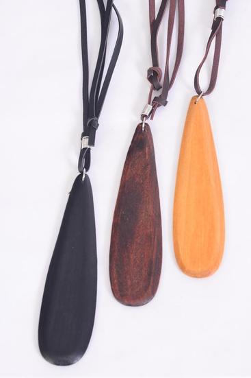 Mens Leather Necklace Wood Tear Drop Natural Color Asst / 12 pcs = Dozen match 01184 Adjustable , Pendant Size - 4.5" x 1.5" Wide , 4 of each Color Asst , Hang Tag & OPP Bag & UPC Code