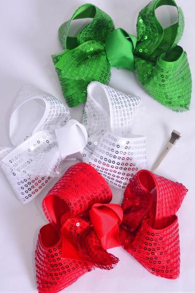 Hair Bow Jumbo Double Layered Sequin Grosgrain Bow-tie / 12 pcs Bow = Dozen Christmas , Alligator Clip , Size - 6" x 5" Wide , 4 Of each Pattern Asst Asst , Clip Strip & UPC Code