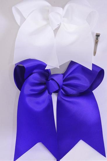 Hair Bow Extra Jumbo Long Tail Cheer Type Bow Purple White Mix Grosgrain Bow-tie / 12 pcs Bow = Dozen Alligator Clip , Size - 6.5" x 6" , 6 Purple , 6 White Color Asst , Clip Strip & UPC Code