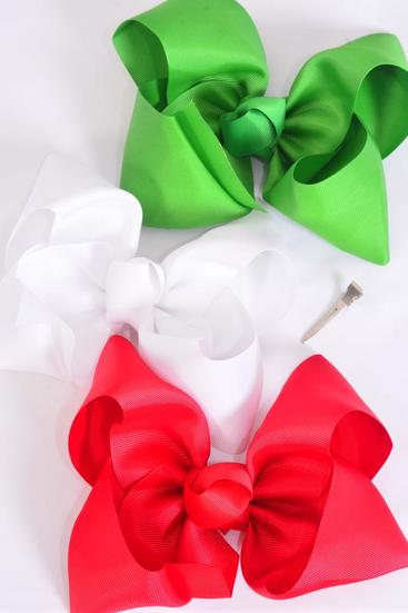 Hair Bow Jumbo Red White Green Mix Grosgrain Bow-tie / 12 pcs Bow = Dozen  Christmas , Alligator Clip , Size - 6" x 5" Wide , 4 of each Pattern Asst , Clip Strip & UPC Code.