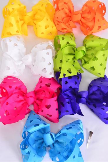 Hair Bow Jumbo Heart Grosgrain Bow-tie Citrus / 12 pcs Bow = Dozen Alligator Clip , Size - 6" x 5" Wide , 2 White , 2 Fuchsia , 2 Purple , 2 Yellow , 2 Blue , 1 Lime , 1 Orange Color Asst , Clip Strip & UPC Code