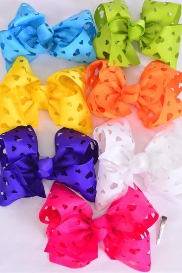 Hair Bow Extra Jumbo Cheer Type Bow Heart Citrus Grosgrain Bow-ti / 12 pcs Bow = Dozen  Alligator Clip , Size - 8" x 7" Wide , 2 White , 2 Fuchsia , 2 Purple , 2 Yellow , 2 Blue , 1 Lime , 1 Orange Color Asst , Clip Strip and UPC Code