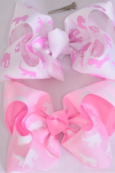 Hair Bow Extra Jumbo Cheer Type Bow Pink White Elephants Grosgrain Bow-tie / 12 pcs Bow = Dozen Alligator Clip , Size - 8" x 7" Wide , 6 of Each Pattern Asst , Clip Strip & UPC Code