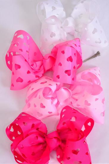 Hair Bow Extra Jumbo Cheer Type Bow Heart Pink Mix Grosgrain Bow-tie / 12 pcs Bow = Dozenw-tie /  Alligator Clip , Bow - 8" x 7" Wide , 3 Baby Pink , 3 Hot Pink ,3 Fuchsia , 3 White Mix , Clip Strip and UPC Code