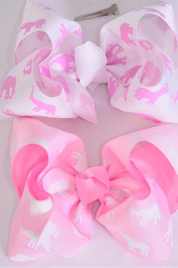 Hair Bow Extra Jumbo Cheer Type Bow Elephants Pink Mix Grosgrain Bow-tie / 12 pcs Bow = Dozen Alligator Clip , Size - 8" x 7" Wide , 6 of each Pattern Asst , Clip Strip & UPC Code