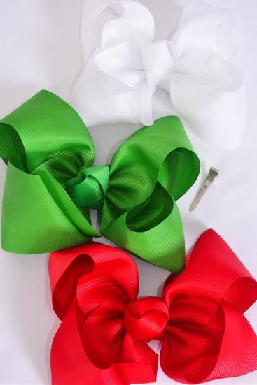 Hair Bow Extra Jumbo Cheer Type Bow Red White Green Mix Grosgrain Bow-tie / 12 pcs Bow = Dozen Alligator Clip , Size - 8" x 7" Wide , 4 Red , 4 White , 4 Green Color Asst , Clip Strip & UPC Code -