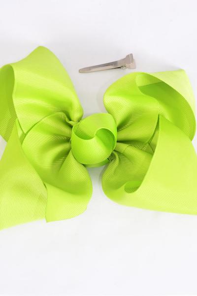 Hair Bow Jumbo Lime Green Grosgrain Fabric Bow-tie / 12 pcs Bow = Dozen Lime Green , Alligator Clip , Size - 6" x 5" Wide , Clip Strip & UPC Code