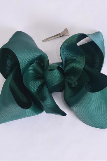 Hair Bow Extra Jumbo Cheer Type Bow Hunter Green Grosgrain Bow-tie / 12 pcs Bow = Dozen Alligator Clip , Size-8"x 7" Wide , Clip Strip & UPC Code