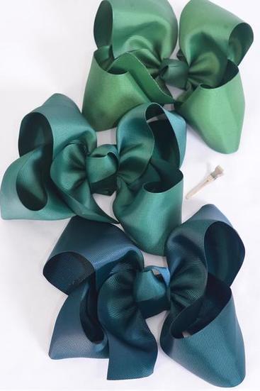 Hair Bow Jumbo Hunter Green Mix Grosgrain Bow-tie / 12 pcs Bow = Dozen Alligator Clip , Size - 6" x 5" Wide , 4 Hunter Green , 4 Spruce , 4 Forest Green Color Mix , Clip Strip and UPC Code